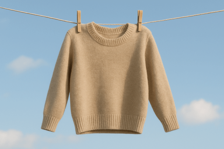 A sweater hanging outside on a line to air out in the breeze